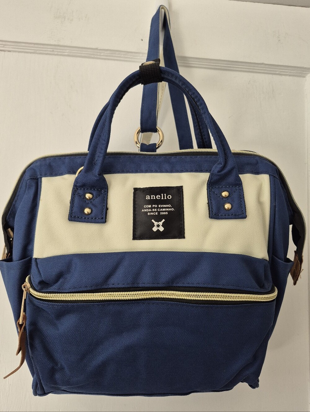 Authentic Anello Mini Kuchigane Wide-Mouth Backpack - Navy/White Colorblock SZ O